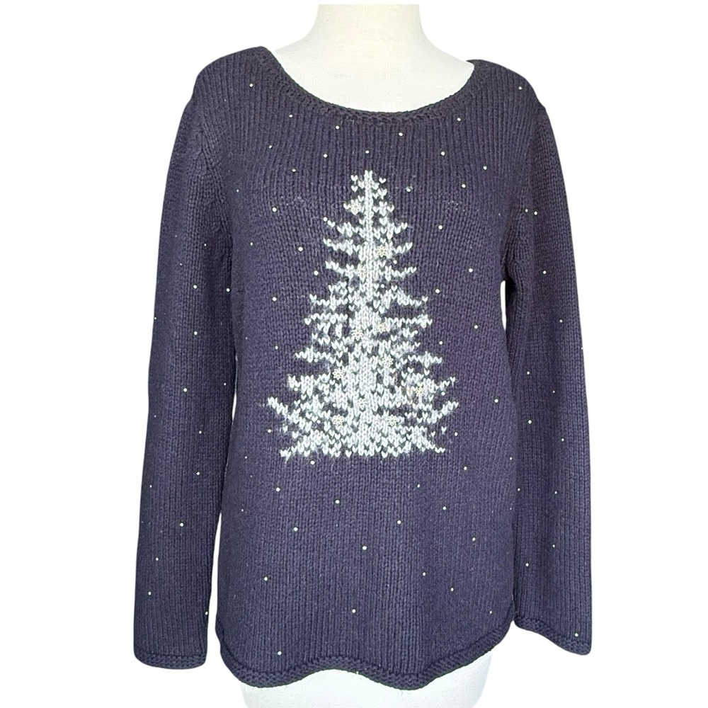 J. Jill Pullover Black Sweater Christmas Tree Embellished Wool Blend Size Small
